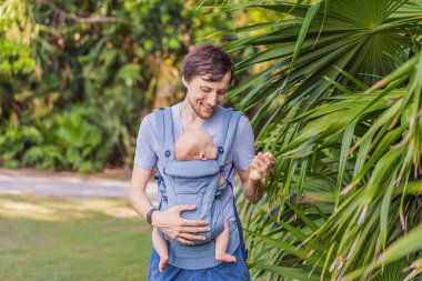 Genç bir baba, bebeğiyle birlikte doğada ebeveynlere bakan ergonomik bir bebek taşıyıcısının içinde dolaşıyor. Barışçıl bir ortamda bağlılık, sıcaklık ve modern ebeveynlik kavramı.