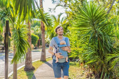 Genç bir baba, bebeğiyle birlikte doğada ebeveynlere bakan ergonomik bir bebek taşıyıcısının içinde dolaşıyor. Barışçıl bir ortamda bağlılık, sıcaklık ve modern ebeveynlik kavramı.