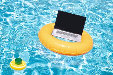 Uzaktan kumanda çalışıyor. Yaz iş hayalleri. Boş ekranlı bilgisayar bilgisayarı