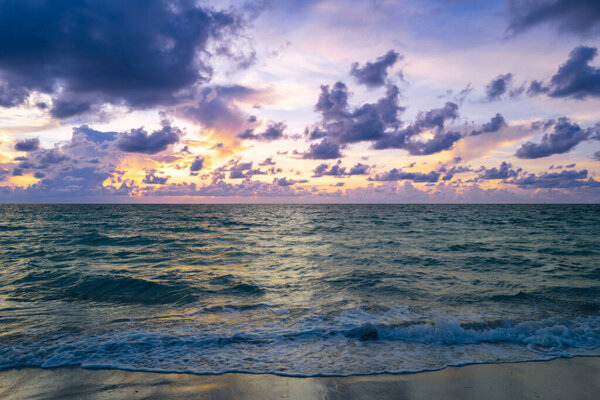 Sea sky background. Dark stormy dramatic cloudy sky. Sunset seascape with dramatic sky. Cloudy sky over sea
