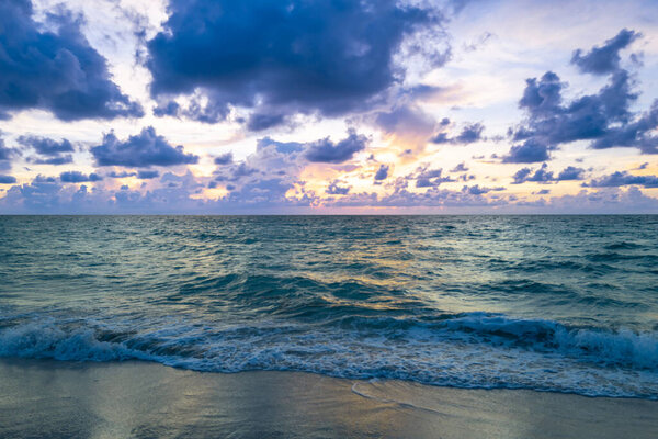 Colorful sky. Dramatic sky sunset background. Big cloud above ocean. Cloud sky with sea background