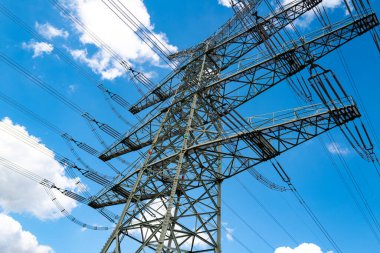 Transmission technology. Smart grid. Transmission energy. High power electricity pylon. High voltage tower with electricity transmission power lines. Energy industry. High power transmission pylon clipart