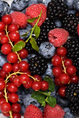 Vahşi orman meyvelerinin karışımı. Yabanmersini, ahududu, böğürtlen. Sağlıklı taze böğürtlen arka planı. Arka plan olarak böğürtlen. Yaz meyveleri deseni
