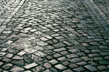 Çakıl taşı kaldırım arka planı. Parke taşlı yolun desenli arka planı. Arka plan için kaldırım taşı. Çakıl taşı yol arkaplanı