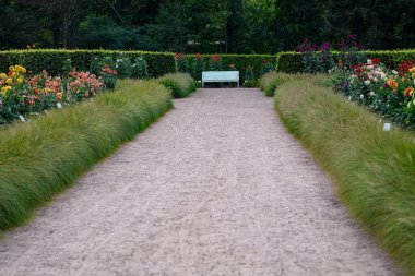 Bahçedeki ahşap bank. Sakin sakin bir yer. Dinlen ve rahatla. Meditasyon yeri. Huzur ve rahatlama. Huzurlu ve sessiz bir yer. Yalnızlık. Çiçek bahçesindeki bankta.