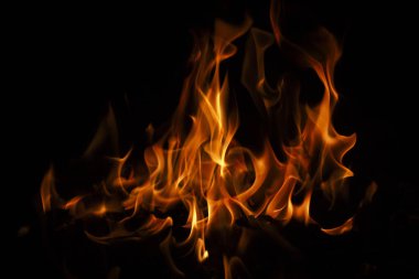 Siyah arka planda yangın alevleri. Ateş alevi dokusu. Fotokopi alevi. Alevler arka planda. Siyah arkaplanda alevler