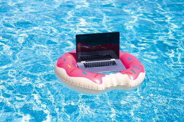 Uzaktan kumanda çalışıyor. Yaz işi. Reklam için yer ayır. Serbest bir iş. Yaz tatilinde iş. Boş ekranlı dizüstü bilgisayar. Yaz tatili kavramı