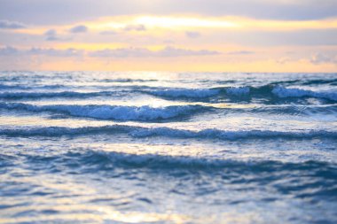 Okyanus manzarası ve su sıçratan dalgalar. Okyanus Dalgası. Manzaralı deniz manzarası. Sahilde dalgalar. Arkaplan için Waterscape