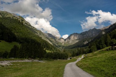 İsviçre. Kırsal alan. İsviçre Alpleri ve Gölü. Dağlardaki dağlık çayırlarda. İsviçre Alplerinde dağlar. Panoramik manzara. İsviçre 'de yeşil tarlalı manzara