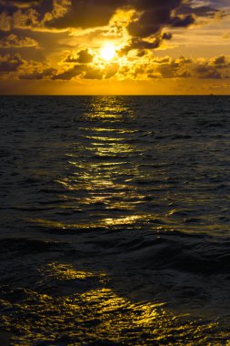 Okyanus sahili arka planı. Deniz doğumu. Sahilde güneş doğuyor. Deniz gündoğumu suyu. Manzaralı gün batımı ya da deniz manzaralı deniz manzarası. Deniz doğası geçmişi