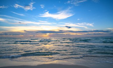 Suyun üzerinde ufuk çizgisi. Okyanus dalgaları arka planı. Huzurlu deniz manzarası. Dalgalar su sıçratıyor. Okyanus manzaralı