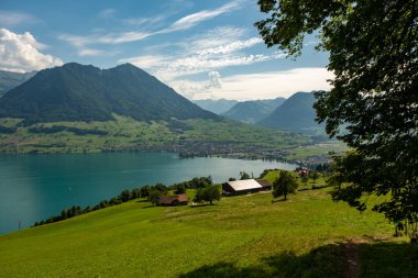 Yürüyüş ve seyahat. İsviçre Alpleri ve göl manzarası. İsviçre manzarası. İsviçre dağları ve göl. Alpler 'de yeşil çayır manzarası var.