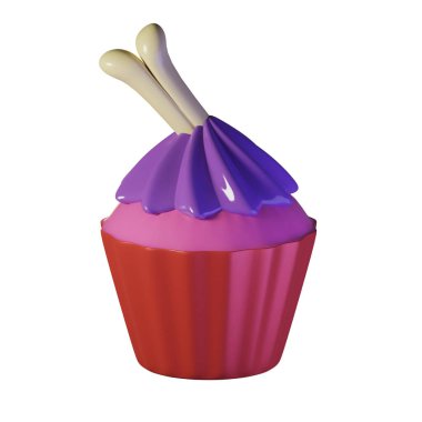 Üstünde kemik şişi olan pembe fincanlı kek. Beyaz arka planda izole edilmiş. Üç boyutlu illüstrasyon. Yüksek çözünürlük