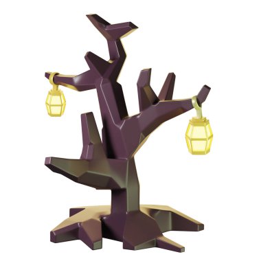 Fenerli cadılar bayramı ağacı. Beyaz arka planda izole edilmiş. Üç boyutlu illüstrasyon. Yüksek çözünürlük