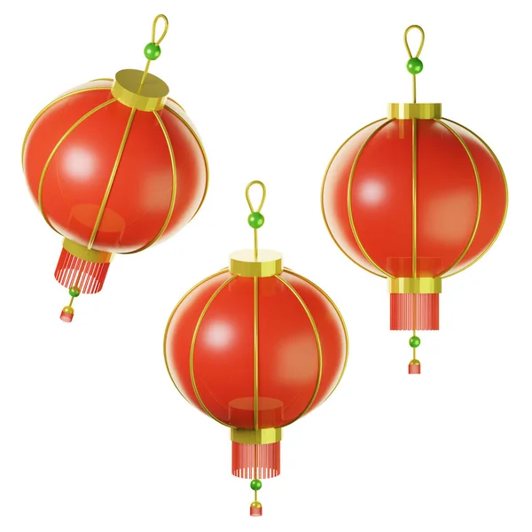 3d Chinese lantern on three points of view. Isolated on white background. 3D illustration. High resolution
