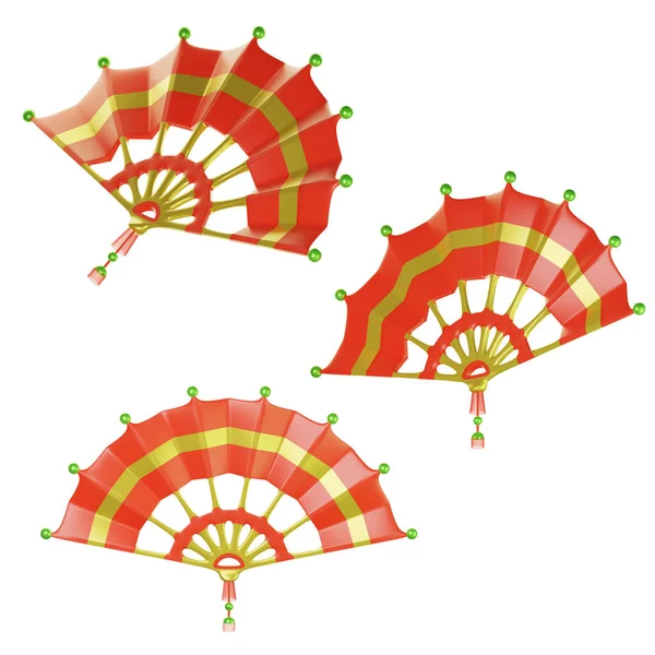 3d Chinese fan on three points of view. Isolated on white background. 3D illustration. High resolution