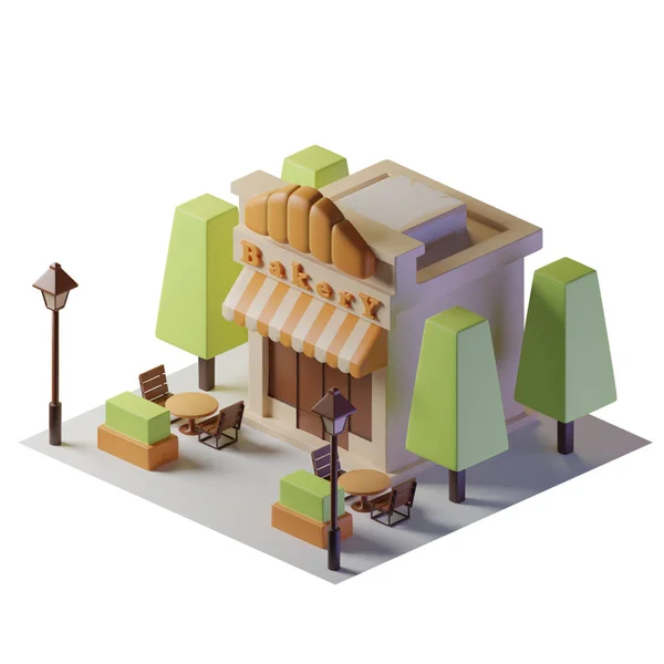 Bakery isometric building with two tables in front and trees and street lights. on white background. High resolution