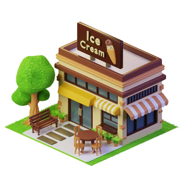Ice Cream Store isometric building with chair in front and trees. Isolated on White Background. High Resolution
