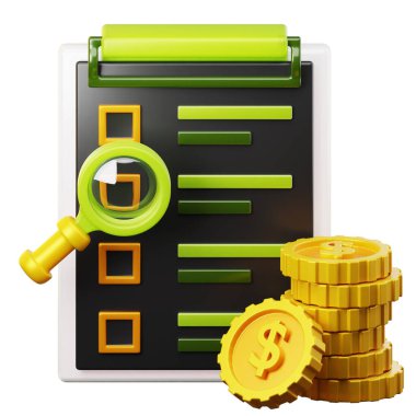 İş ve Finans illüstrasyonu. Pano ve büyüteç üzerinde kontrol listesi olan arama konsepti. Beyaz arka planda izole edilmiş. Üç boyutlu illüstrasyon. Yüksek çözünürlük