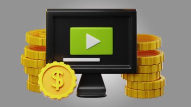 3D animasyon, beyaz ve yeşil arkaplan, oyun, madeni para, dolar üzerindeki illüstrasyonu paraya çevir. 4k çözünürlüğü
