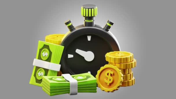 Animation Illustration Time Money White Green Background Stopwatch Coins Dollars — Stock Video