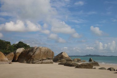 Kayalıkları ve mavi gökyüzü olan güzel sahil