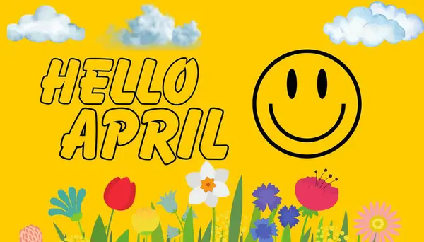 HELLO APRIL. April month illustration with flowers and leaves. Decoration text floral isolated on yellow background. Start April with Blessing phrase. Use for decoration Greeting cards.