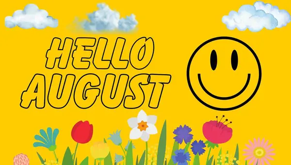 HELLO AUGUST. August month illustration with flowers and leaves. Decoration text floral isolated on yellow background. Start August with Blessing phrase. Use for decoration Greeting cards.