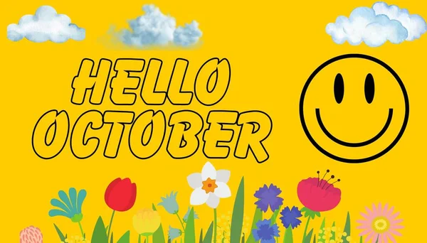 HELLO OCTOBER. October month illustration with flowers and leaves. Decoration text floral isolated on yellow background. Start October with Blessing phrase. Use for decoration Greeting cards.
