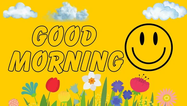 Good Morning Smiling Face with clouds on yellow background, good morning concept. Good Morning lettering text. Use for decoration Greeting cards and banners. Happy Morning with Blessing phrase.