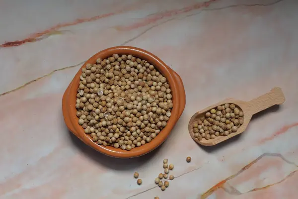 Kahverengi mercimek kasesi gri arka planda.