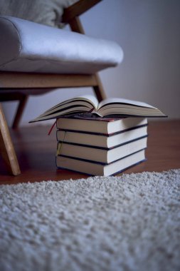                 Okumak ve dinlenmek için mükemmel bir yer. Parlak bir odada kitaplarla çevrili beyaz bir koltuk.        