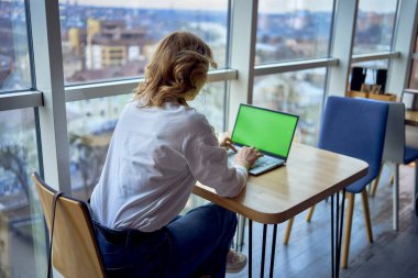    Orta yaşlı bir kadın, panoramik pencereleri ve şehir manzarası olan bir laptopta çalışıyor. Yeşil ekranlı bir dizüstü bilgisayar, Chroma anahtarı.                            