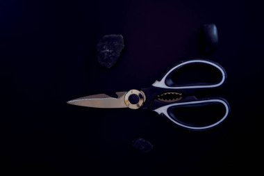 a   kitchen scissors with a jagged blade on a black background                     clipart