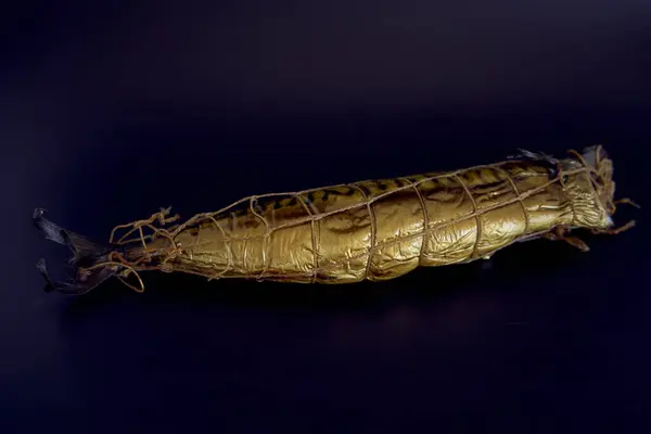 Apetyczny Gorący Wędzony Złoty Makrela Czarnym Tle — Zdjęcie stockowe