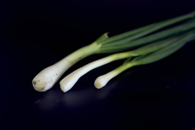 Siyah arkaplanda yeşil soğan