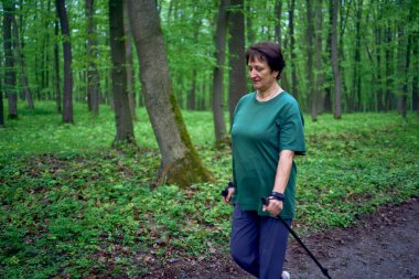 Yaşlı bir kadın İskandinavya 'da Bahar Ormanı' nda sopalarla yürüyor.