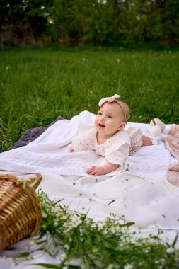 Bir kız bebek piknikte battaniyenin üzerinde sürünüyor.