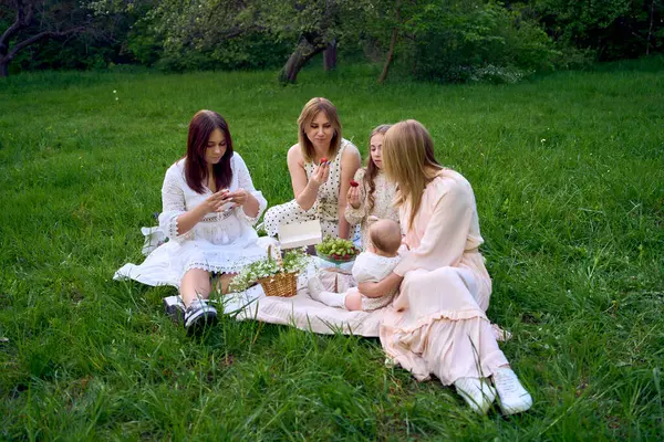 Twee Vrouwen Hun Kinderen Picknicken Een Grasveld Rechtenvrije Stockfoto's