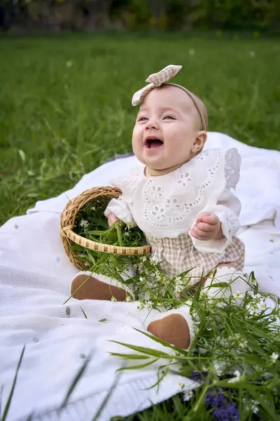 Een Baby Meisje Kruipt Deken Bij Picknick Stockfoto