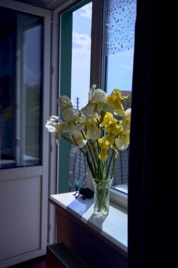  İçerideki kristal bir vazoda sarı ve beyaz süsen çiçekleri.