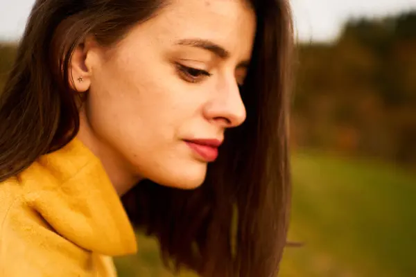 stock image portrait young woman in mustard sweater in autumn mountains at sunset