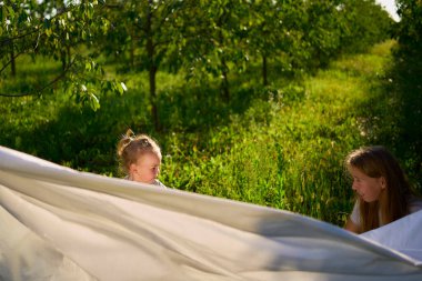  Dört kişilik bir aile bahçede beyaz bir çarşafla oynuyor. Bir çocuk çarşafı sallamak istiyor.                       