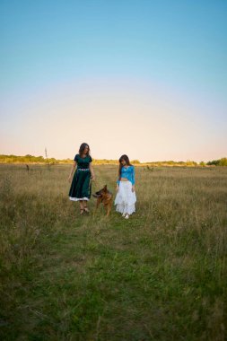 two woman in a whimsical aesthetic style dress with a german shepherd in a field in the summer at a sunset clipart