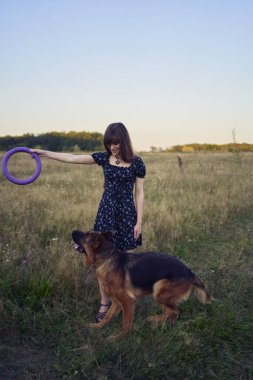 İki kadın gün batımında bir Alman çoban köpeği oyuncağıyla sahada oynuyor.