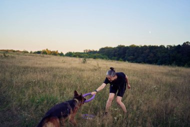 İki kadın gün batımında bir Alman çoban köpeği oyuncağıyla sahada oynuyor.
