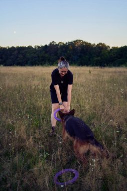 İki kadın gün batımında bir Alman çoban köpeği oyuncağıyla sahada oynuyor.