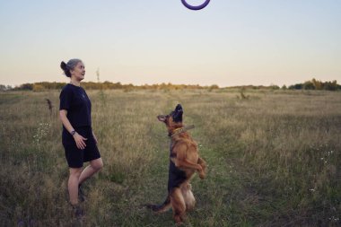 İki kadın gün batımında bir Alman çoban köpeği oyuncağıyla sahada oynuyor.