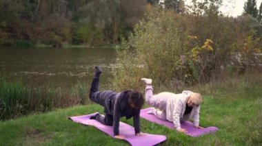  Orta yaşlı kadın, yaşlı annesine sonbaharda nehir kıyısında sağlığını korumak için somatik egzersizler ve yoga öğretiyor.                         