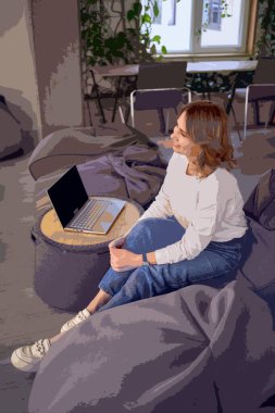          digital drawing, art,  a woman in casual clothes is working on a laptop on  bean bag                      clipart